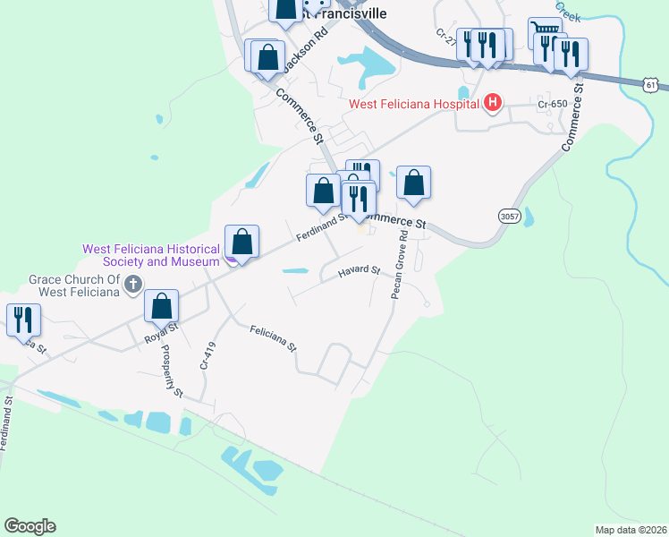 map of restaurants, bars, coffee shops, grocery stores, and more near 9984 Havard Street in Saint Francisville