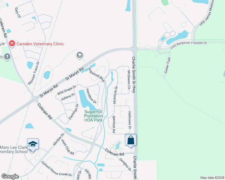 map of restaurants, bars, coffee shops, grocery stores, and more near 202 McQueen Circle in St. Marys
