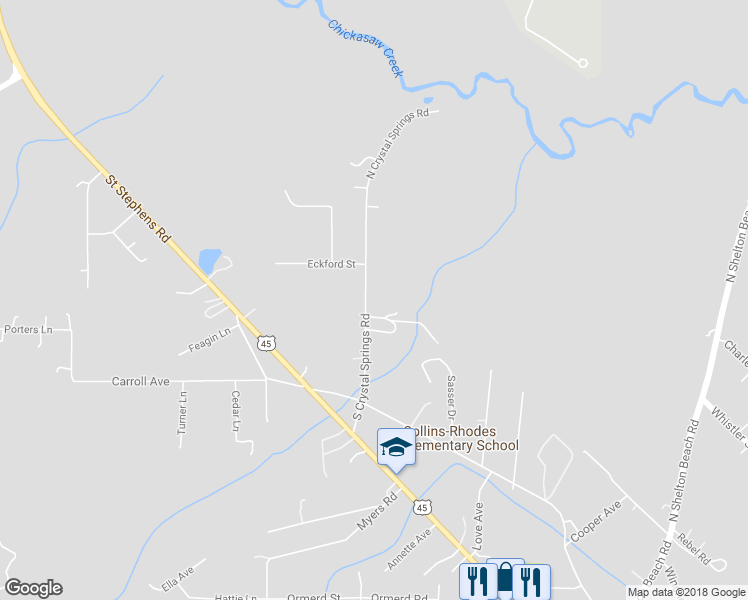 map of restaurants, bars, coffee shops, grocery stores, and more near 235 South Crystal Springs Road in Prichard