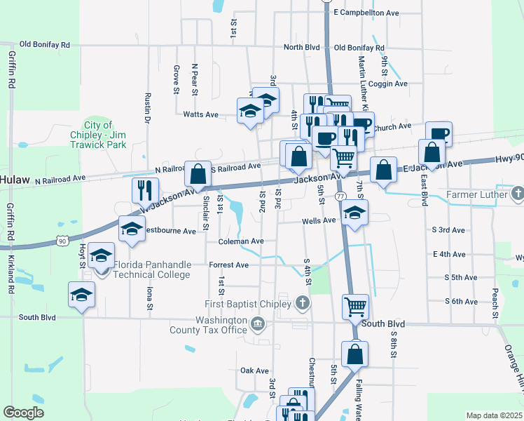 map of restaurants, bars, coffee shops, grocery stores, and more near 475 2nd St in Chipley