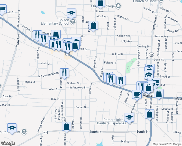 map of restaurants, bars, coffee shops, grocery stores, and more near 4154 Lafayette Street in Marianna