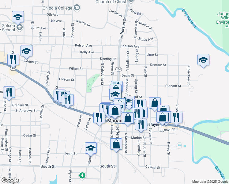 map of restaurants, bars, coffee shops, grocery stores, and more near 2924 Green Street in Marianna