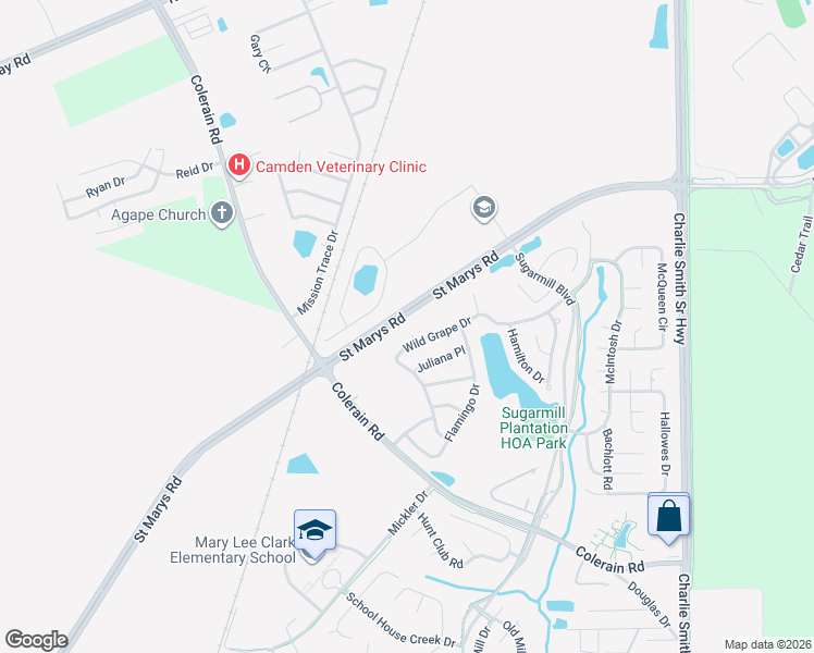 map of restaurants, bars, coffee shops, grocery stores, and more near 102 Skipper Court in St. Marys