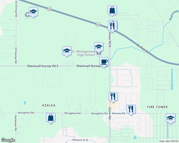 map of restaurants, bars, coffee shops, grocery stores, and more near 10027 Blackwell Nursey Road in Semmes