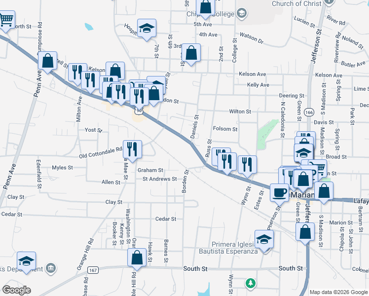 map of restaurants, bars, coffee shops, grocery stores, and more near 4291-4313 Highway 10 in Marianna