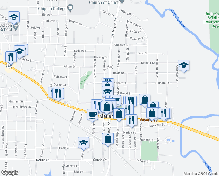 map of restaurants, bars, coffee shops, grocery stores, and more near 2925 Jefferson Street in Marianna