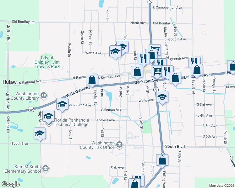 map of restaurants, bars, coffee shops, grocery stores, and more near 726 2nd Street in Chipley