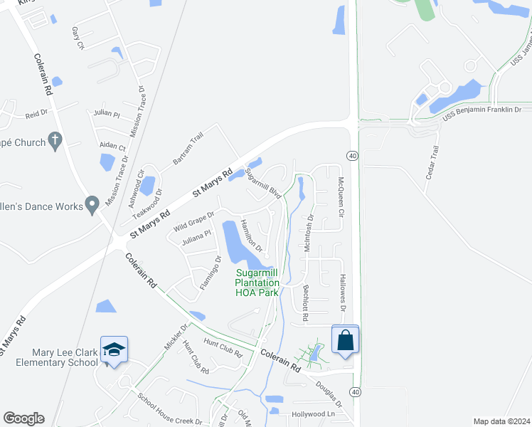 map of restaurants, bars, coffee shops, grocery stores, and more near 102 Millers Trace Drive in Saint Marys