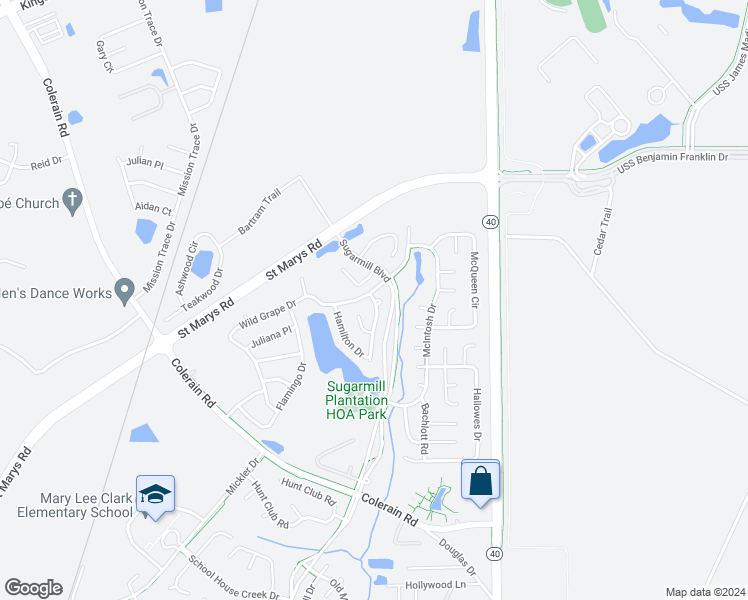 map of restaurants, bars, coffee shops, grocery stores, and more near 103 Millers Trace Drive in Saint Marys