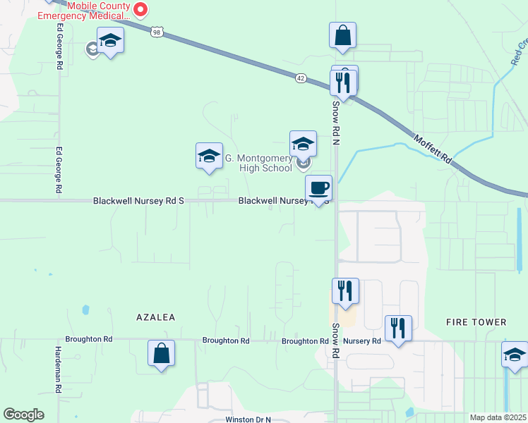 map of restaurants, bars, coffee shops, grocery stores, and more near 10079 Blackwell Nursey Road in Semmes