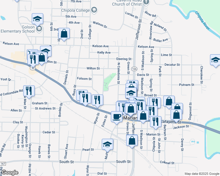 map of restaurants, bars, coffee shops, grocery stores, and more near 4393 Florence Drive in Marianna