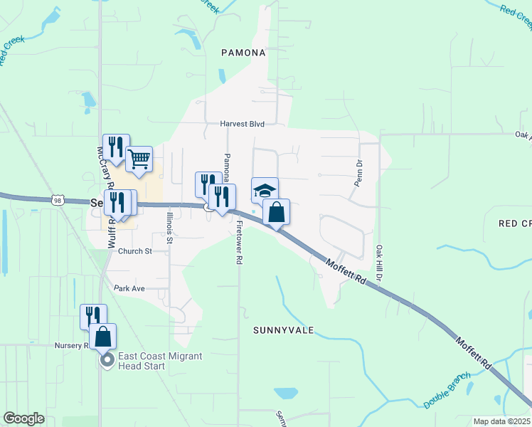 map of restaurants, bars, coffee shops, grocery stores, and more near 8780 Moffett Road in Semmes