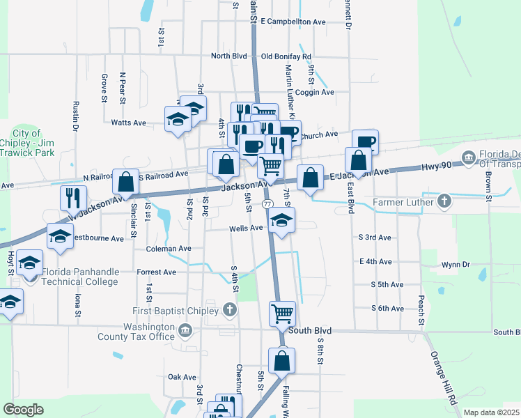 map of restaurants, bars, coffee shops, grocery stores, and more near 1269 Gibson Ave in Chipley