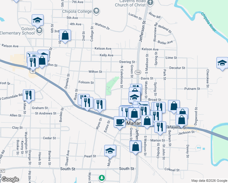 map of restaurants, bars, coffee shops, grocery stores, and more near 4394 Florence Drive in Marianna