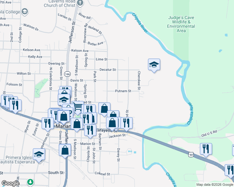map of restaurants, bars, coffee shops, grocery stores, and more near 4439 Putnam Street in Marianna