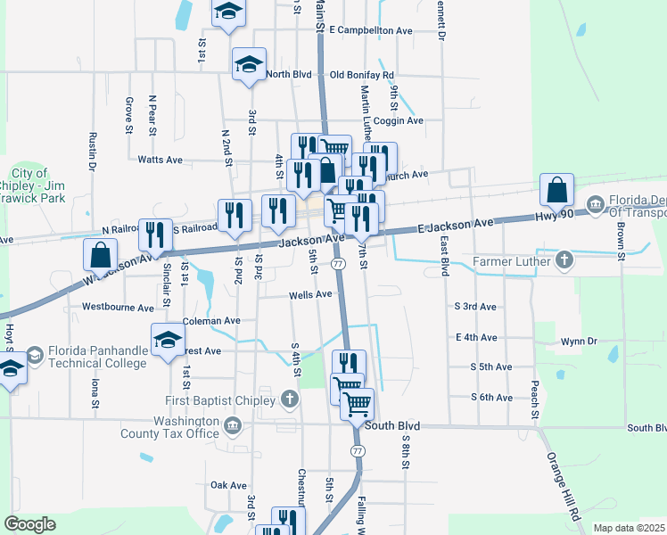 map of restaurants, bars, coffee shops, grocery stores, and more near 1269 Gibson Avenue in Chipley