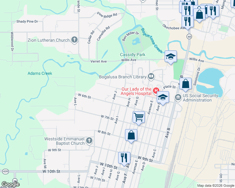map of restaurants, bars, coffee shops, grocery stores, and more near 902 West 5th Street in Bogalusa