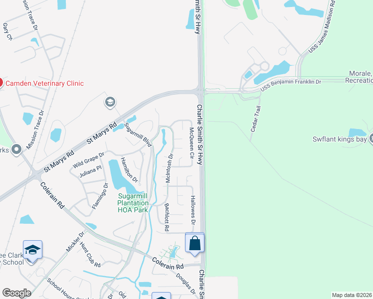 map of restaurants, bars, coffee shops, grocery stores, and more near 108 Shearman Way in Saint Marys