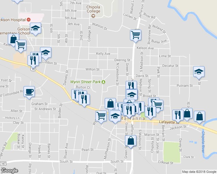 map of restaurants, bars, coffee shops, grocery stores, and more near 100 Florence Drive in Marianna