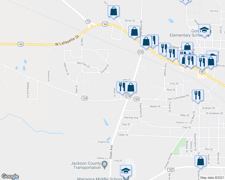 map of restaurants, bars, coffee shops, grocery stores, and more near 2912 Albert Street in Marianna