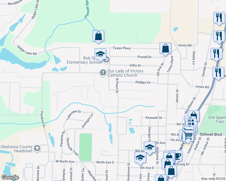 map of restaurants, bars, coffee shops, grocery stores, and more near 204 North Lloyd Street in Crestview