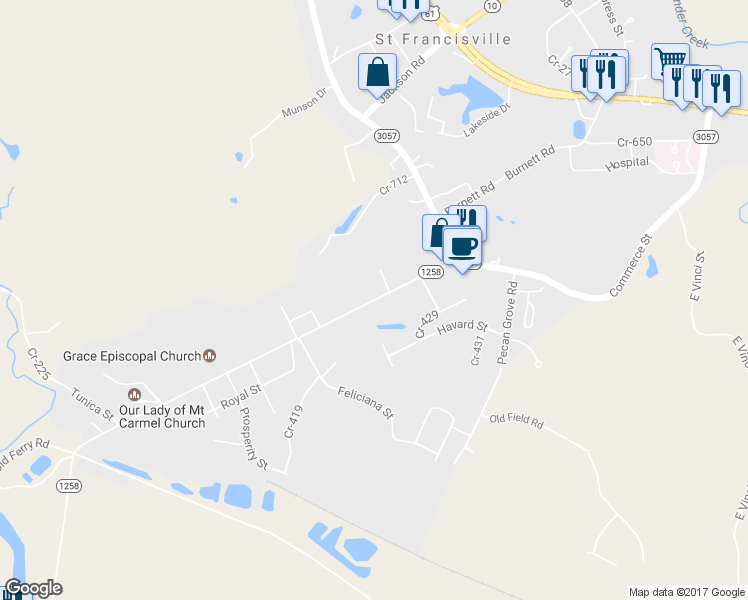 map of restaurants, bars, coffee shops, grocery stores, and more near 11833 Ferdinand Street in Saint Francisville