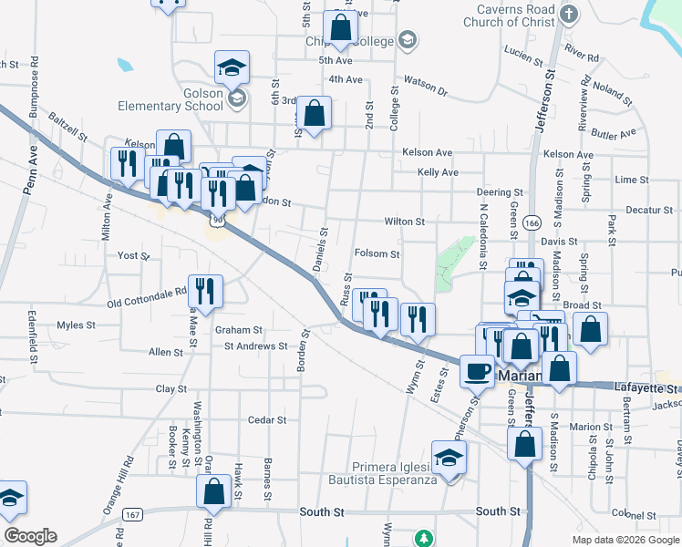 map of restaurants, bars, coffee shops, grocery stores, and more near 2931 Russ Street in Marianna