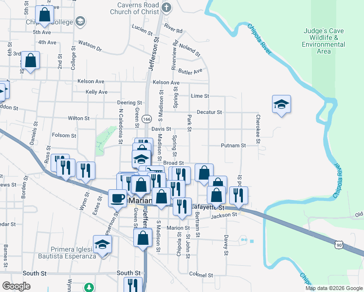 map of restaurants, bars, coffee shops, grocery stores, and more near Putnam Street in Marianna