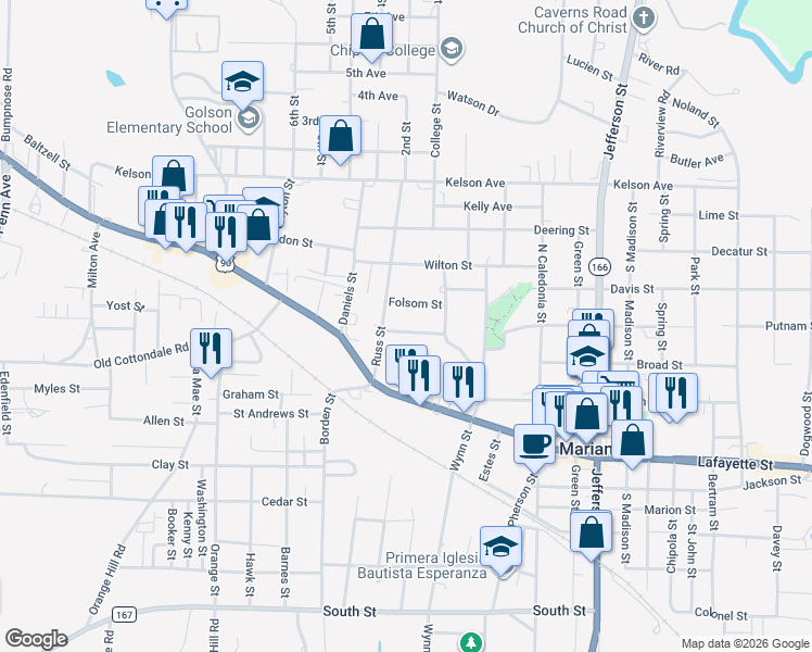 map of restaurants, bars, coffee shops, grocery stores, and more near 4338 Burton St in Marianna