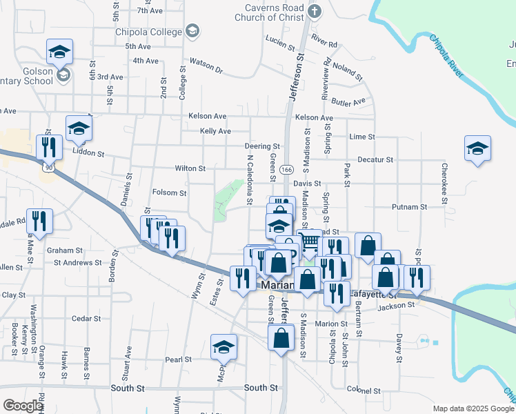 map of restaurants, bars, coffee shops, grocery stores, and more near 403 Putnam Street in Marianna