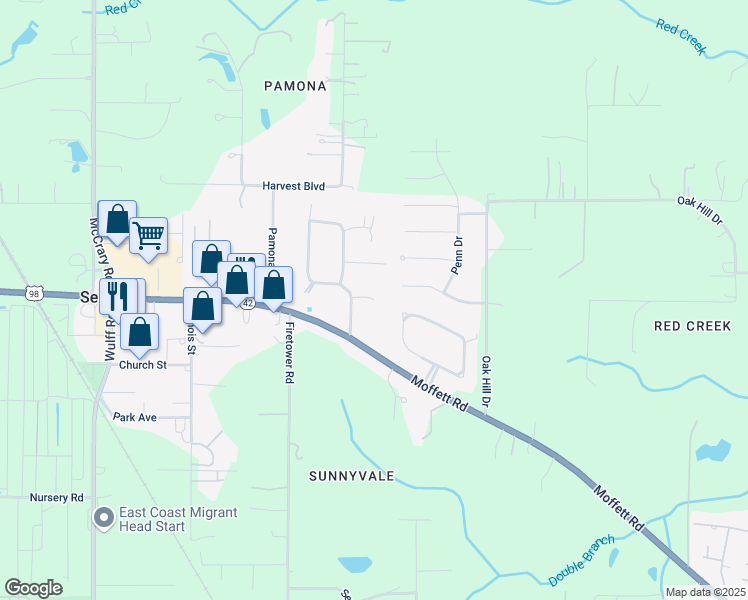 map of restaurants, bars, coffee shops, grocery stores, and more near 8675 Pecan Court in Semmes
