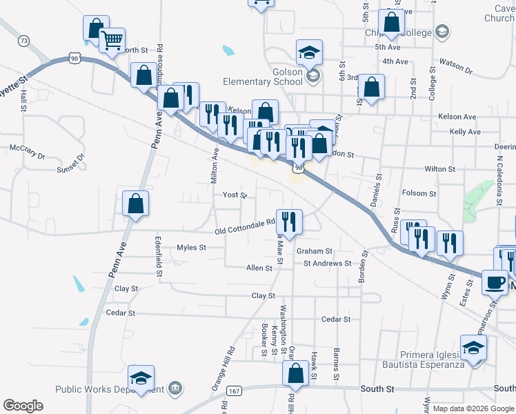 map of restaurants, bars, coffee shops, grocery stores, and more near 2926 Harley Drive in Marianna