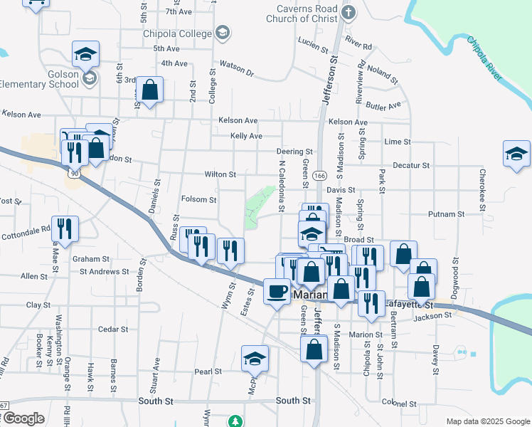 map of restaurants, bars, coffee shops, grocery stores, and more near 4394 Florence Drive in Marianna