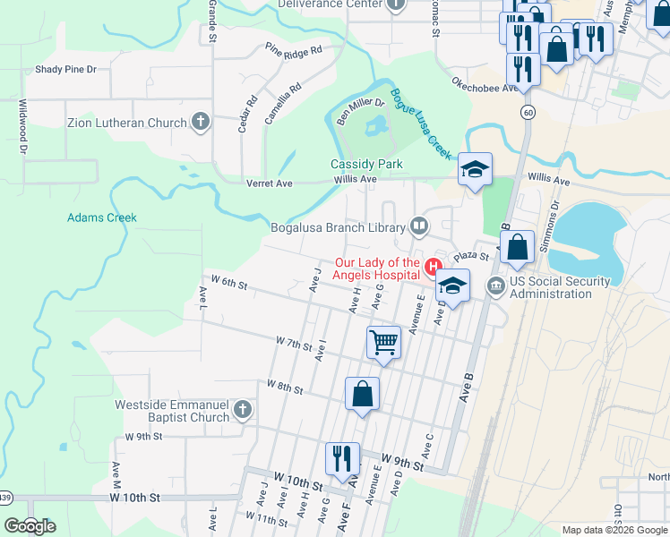 map of restaurants, bars, coffee shops, grocery stores, and more near 902 West 5th Street in Bogalusa