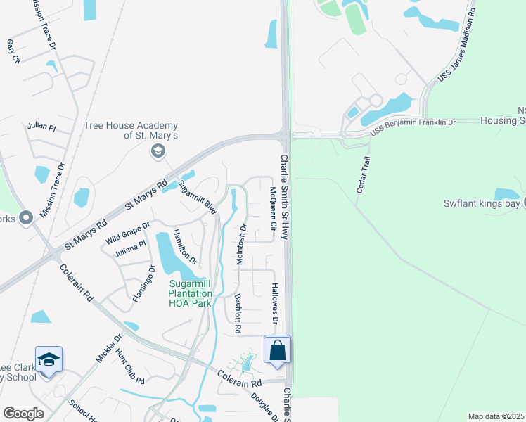 map of restaurants, bars, coffee shops, grocery stores, and more near 107 Shearman Way in Saint Marys