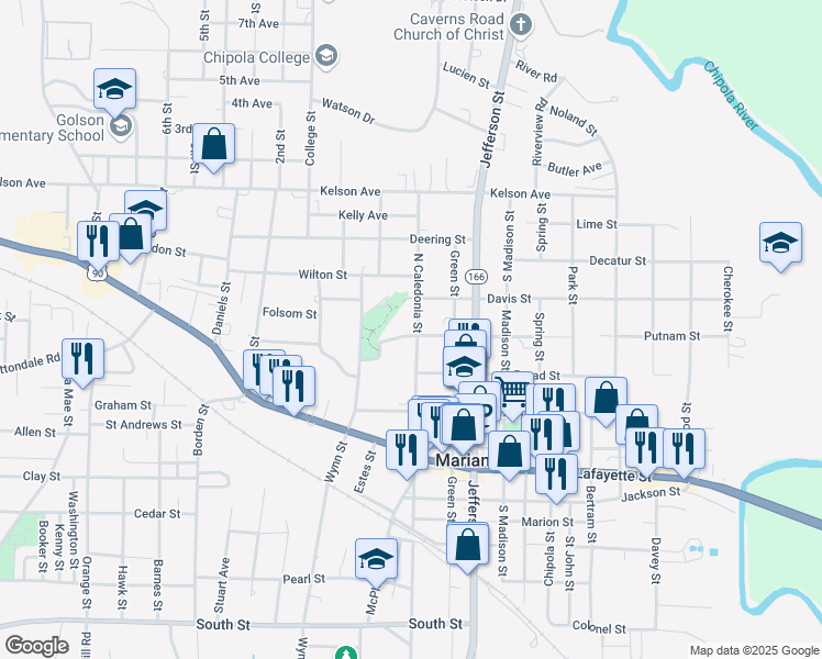map of restaurants, bars, coffee shops, grocery stores, and more near 2937 Caledonia Street in Marianna