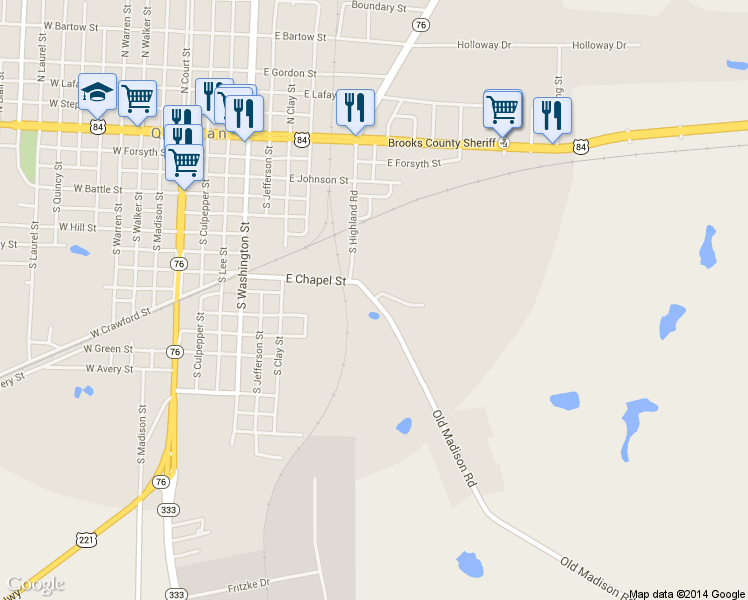 map of restaurants, bars, coffee shops, grocery stores, and more near 803 Old Madison Road in Quitman