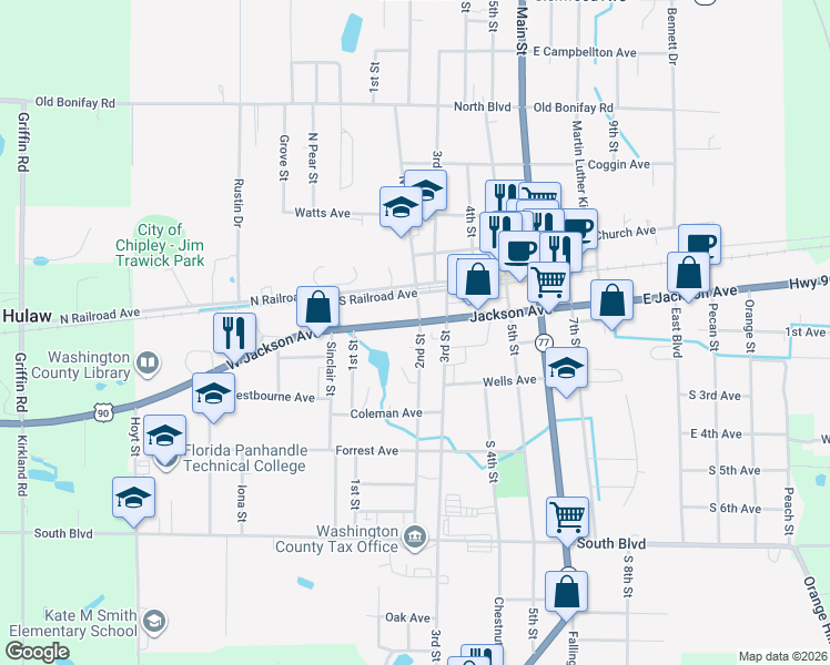map of restaurants, bars, coffee shops, grocery stores, and more near 726 2nd Street in Chipley