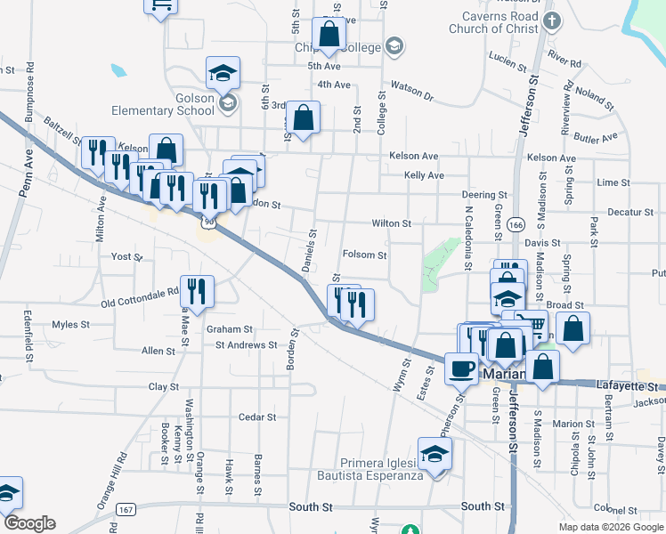 map of restaurants, bars, coffee shops, grocery stores, and more near 2931 Russ Street in Marianna