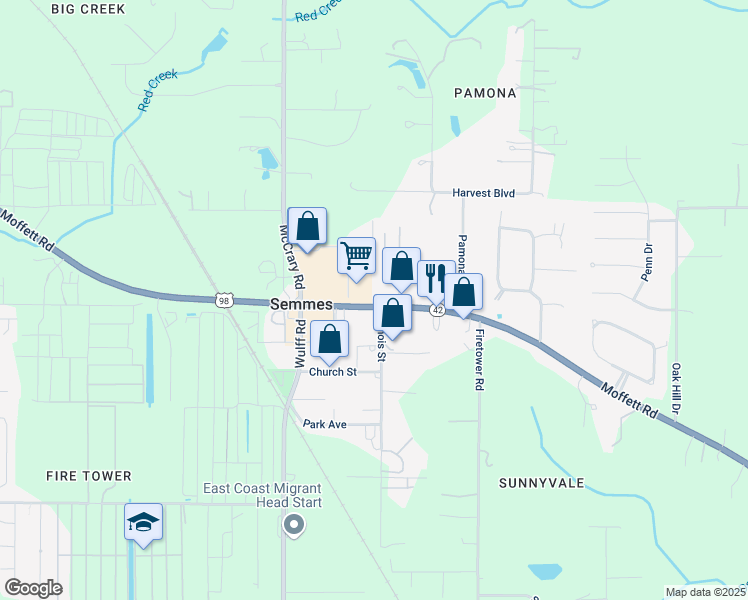 map of restaurants, bars, coffee shops, grocery stores, and more near 9028 Moffett Road in Semmes
