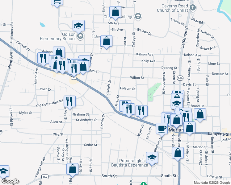 map of restaurants, bars, coffee shops, grocery stores, and more near 2931 Russ Street in Marianna
