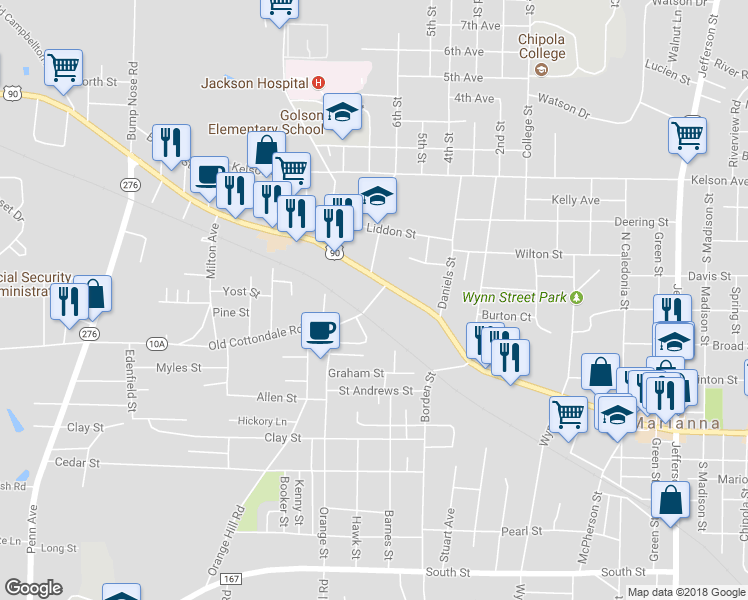 map of restaurants, bars, coffee shops, grocery stores, and more near 4244 Old Cottondale Road in Marianna
