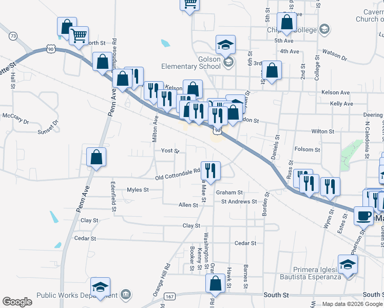 map of restaurants, bars, coffee shops, grocery stores, and more near 2926 Harley Drive in Marianna