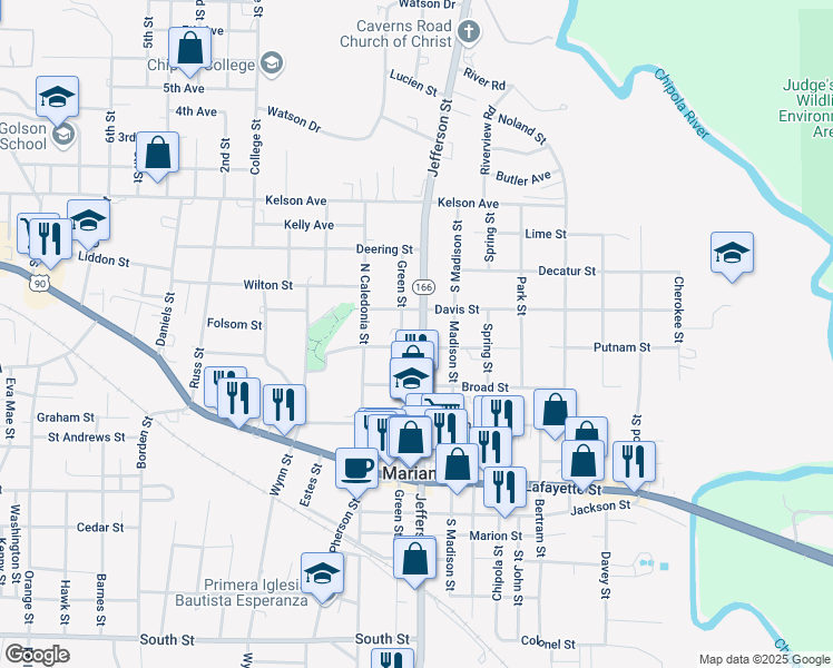 map of restaurants, bars, coffee shops, grocery stores, and more near 2941 Jefferson Street in Marianna