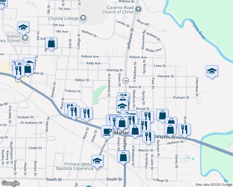 map of restaurants, bars, coffee shops, grocery stores, and more near 4409 Putnam Street in Marianna