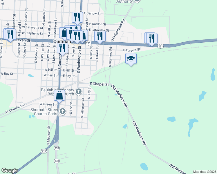 map of restaurants, bars, coffee shops, grocery stores, and more near 803 Old Madison Road in Quitman