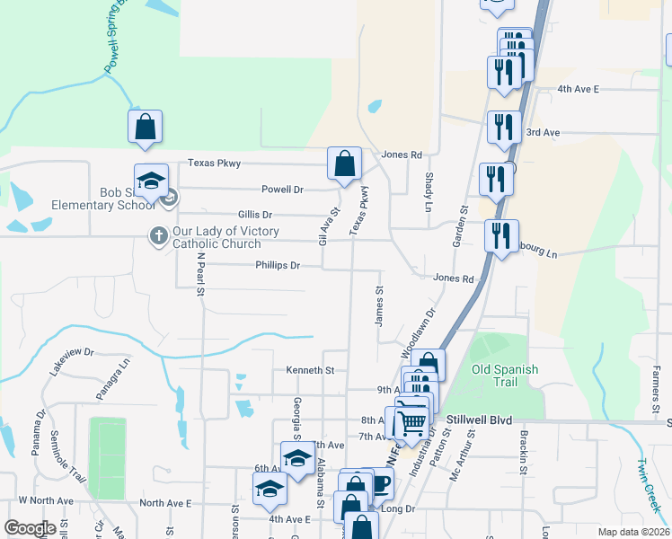 map of restaurants, bars, coffee shops, grocery stores, and more near 92 Phillips Drive in Crestview