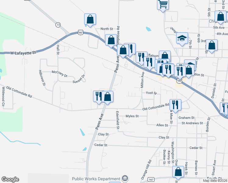 map of restaurants, bars, coffee shops, grocery stores, and more near 2944 Penn Avenue in Marianna