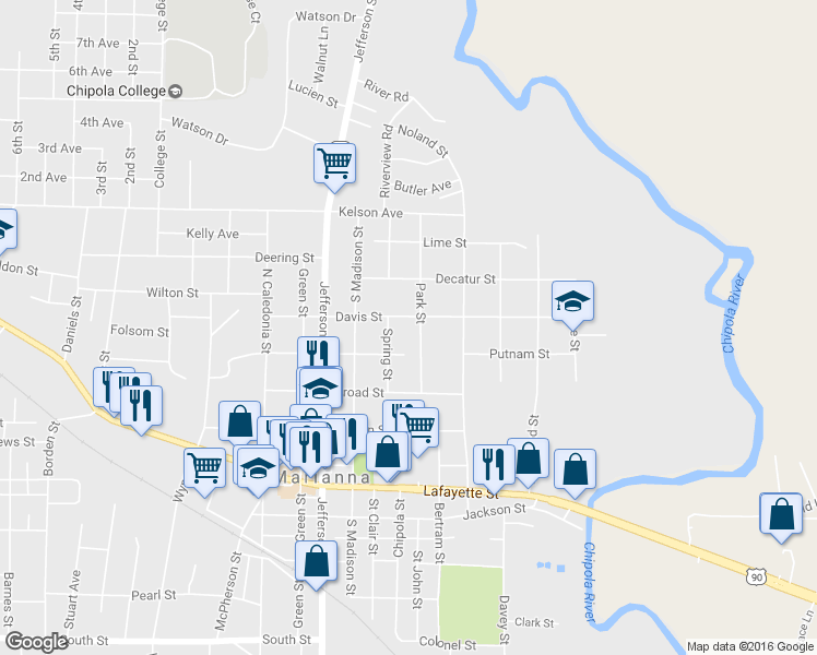 map of restaurants, bars, coffee shops, grocery stores, and more near 2945 Park Street in Marianna