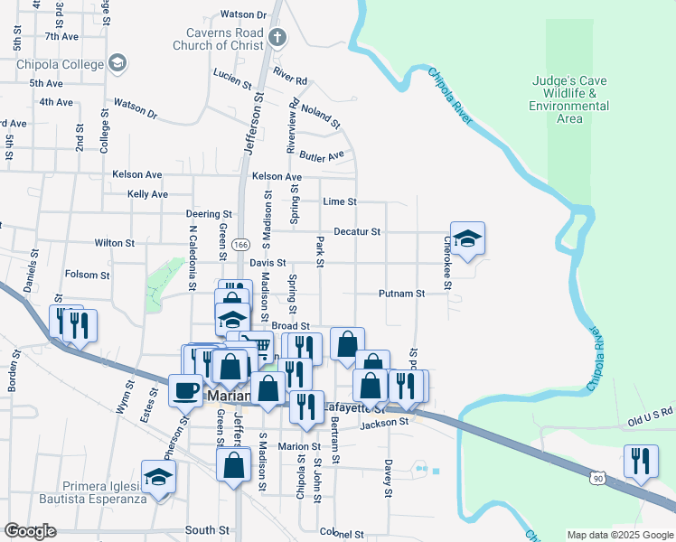 map of restaurants, bars, coffee shops, grocery stores, and more near 4478 Davis Street in Marianna